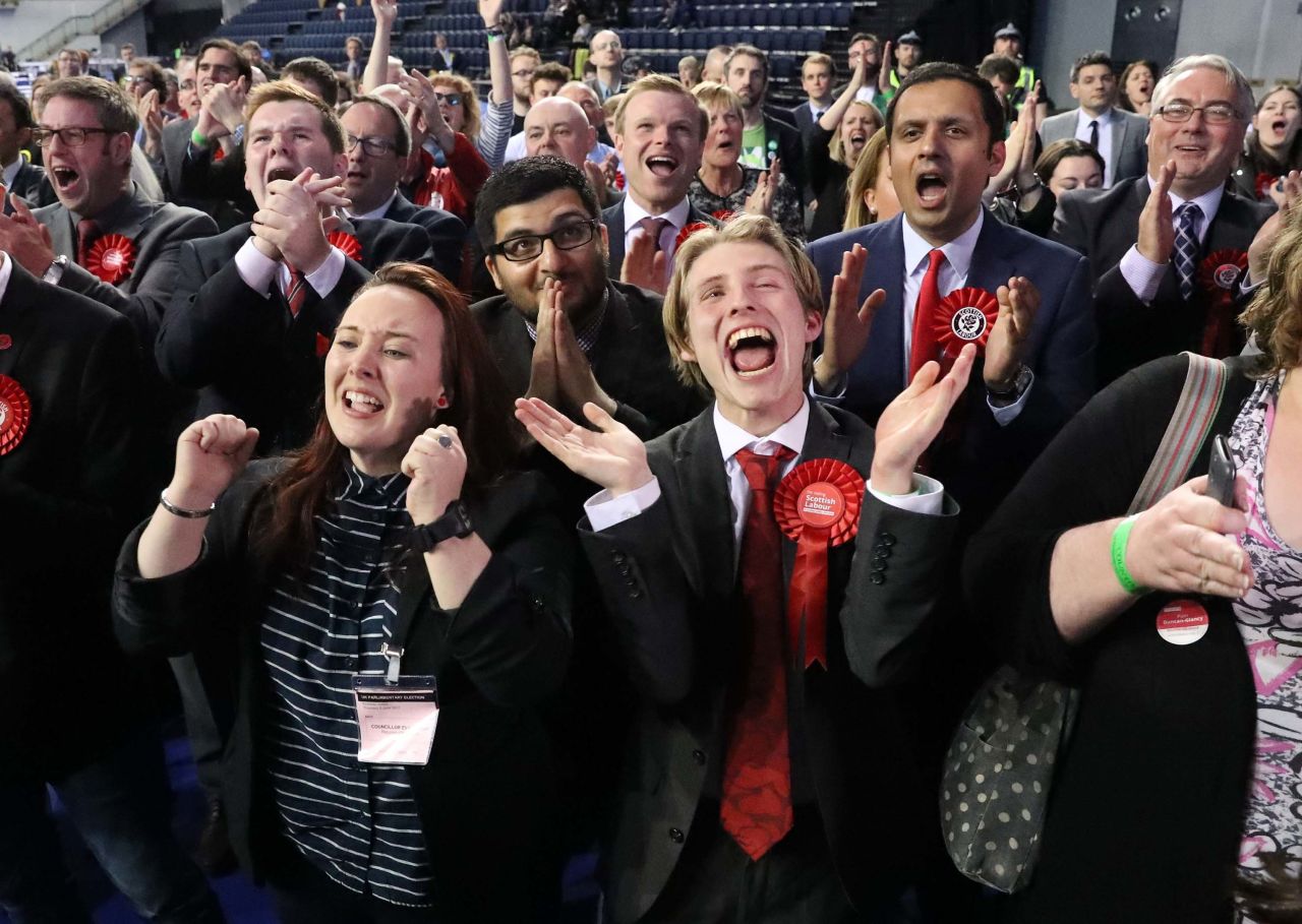 Scottish Labour Party supporters celebrate in Glasgow as ballot-counting was underway on June 9.