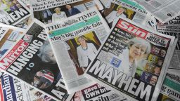 An arrangement of British daily newspapers are photographed as an illustration in London on June 9, 2017 showing front page stories about the exit poll results of the snap general election. 
British Prime Minister Theresa May faced pressure to resign on June 9 after losing her parliamentary majority, plunging the country into uncertainty as Brexit talks loom. The pound fell sharply amid fears the Conservative leader will be unable to form a government and could even be forced out of office after a troubled campaign overshadowed by two terror attacks. / AFP PHOTO / DANIEL SORABJIDANIEL SORABJI/AFP/Getty Images
