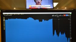 A graph on a trader's screen shows the fall of pound sterling that occurred when the first general election exit poll was released on June 8, 2017, as Britain's Prime Minister Theresa May is seen speaing on a television beyond, on the trading floor of ETX Capital in London on June 9, 2017, the day after Britain held a general election, in which the ruling Conservatives lost their parliamentary majority.
With Brexit talks due to begin in just over a week, Britain's shock election results may soften the government's strategy -- if there is even a government formed to negotiate in Brussels by then. The pound fell sharply amid fears the Conservative leader will be unable to form a government and could even be forced out of office after a troubled campaign overshadowed by two terror attacks. / AFP PHOTO / Glyn KIRK        (Photo credit should read GLYN KIRK/AFP/Getty Images)