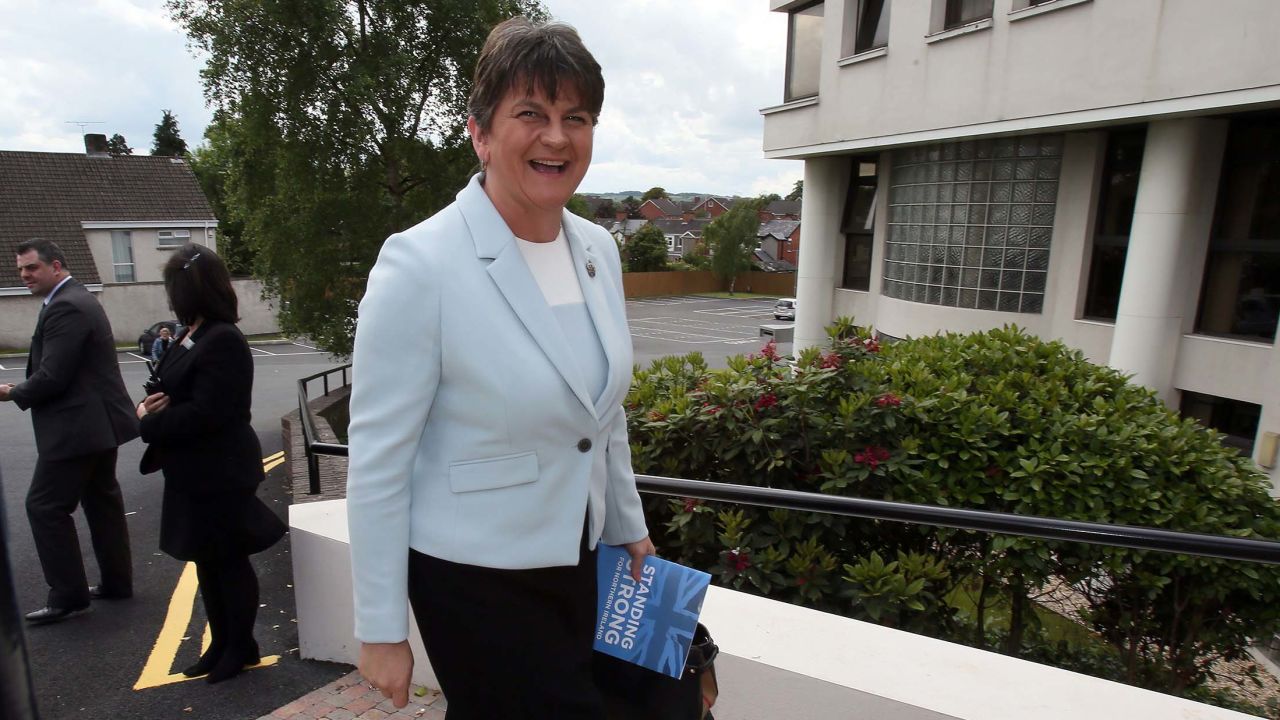Democratic Unionist Party (DUP) leader, and former Northern Ireland First Minister, Arlene Foster, reacts as she arrives at the Stormont Hotel in Belfast, Northern Ireland, on June 9, 2017, following the result of the general election.
A defiant Prime Minister Theresa May vowed Friday to form a new government to lead Britain out of the EU despite losing her majority in a snap general election and facing calls to resign. Although winning the most seats, May's centre-right Conservative party lost its majority in parliament, meaning it will now rely on support from Northern Ireland's Democratic Unionist Party (DUP). / AFP PHOTO / Paul FAITH        (Photo credit should read PAUL FAITH/AFP/Getty Images)