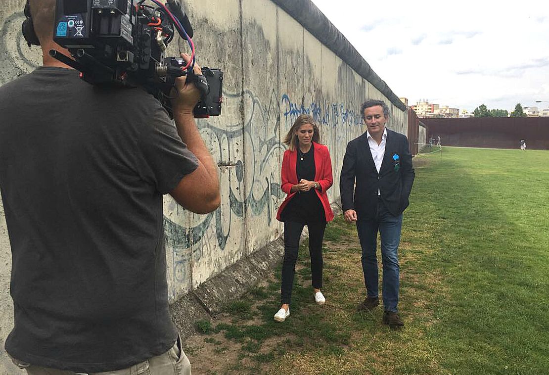 Formula E CEO Alejandro Agag and CNN's Supercharged presenter Nicki Shields on location in Berlin.