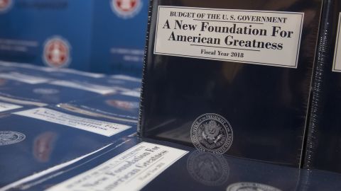Copies of US President Donald Trump's Fiscal Year 2018 budget are released for distribution on Capitol Hill in Washington, DC, May 23, 2017.
