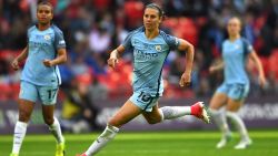 LONDON, ENGLAND - MAY 13: Carli Lloyd of Manchester City in action during the SSE Women's FA Cup Final between Birmingham City Ladies and Manchester City Women at Wembley Stadium on May 13, 2017 in London, England.