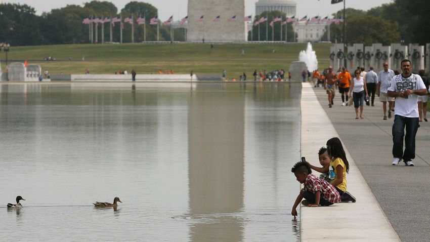 WASHINGTON, DC - SEPTEMBER 26: Children look at Ducks in the Reflecting Pool in front of the Lincoln Memorial that is full of algae after recently being filled with water, on September 26, 2012 in Washington, DC. National Park Service officials have hired a contractor to remove the algae that has appeared after a two year, $34 million renovation of the pool.  (Photo by Mark Wilson/Getty Images)