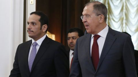 Qatar's Sheikh Mohammed bin Abdulrahman Al-Thani , left, and Russia's Sergey Lavrov in Moscow.