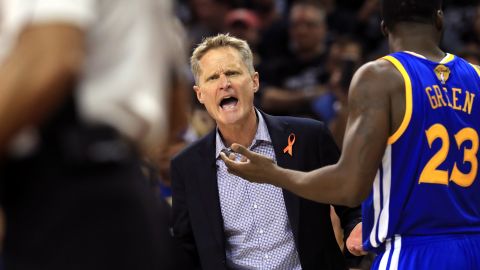 Golden State head coach Steve Kerr reacts to a call in the third quarter of Game 4. It was the first loss of the postseason for the Warriors, who came into the game 15-0 and were looking to become the first NBA team to go undefeated in the playoffs.
