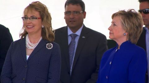 Former representative Gabrielle Giffords and former Secretary of State Hilary Clinton at the Navel ceremony to commission the USS Gabrielle Giffords on June 10.