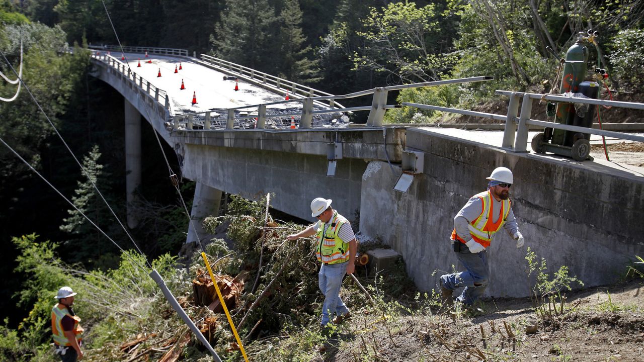 Inspectors check on the the demolition of the Pfeiffer Canyon Bridge. It's since been cleared.