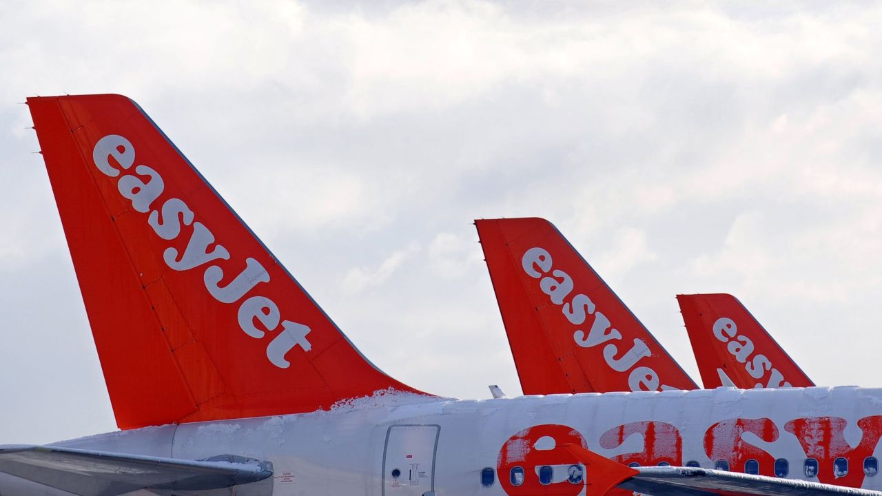 Easyjet aircraft stand at a Liverpool airport in 2010. 
