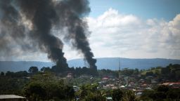 A smoke following an airstrikes by Philippine Air Force in Marawi city, southern Philippines on June 11, 2017. Philippine military jets fired rockets at militant positions on Sunday as soldiers fought to wrest control of the southern city from gunmen linked to the Islamic State group. 