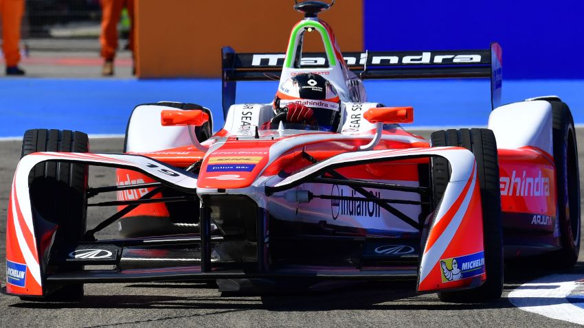 Sweden's Felix Rosenquist with Mahindra Racing negotiates a bend during the qualifying round of the Berlin leg of the Formula E electric car Championships on June 11, 2017. / AFP PHOTO / John MACDOUGALL        (Photo credit should read JOHN MACDOUGALL/AFP/Getty Images)