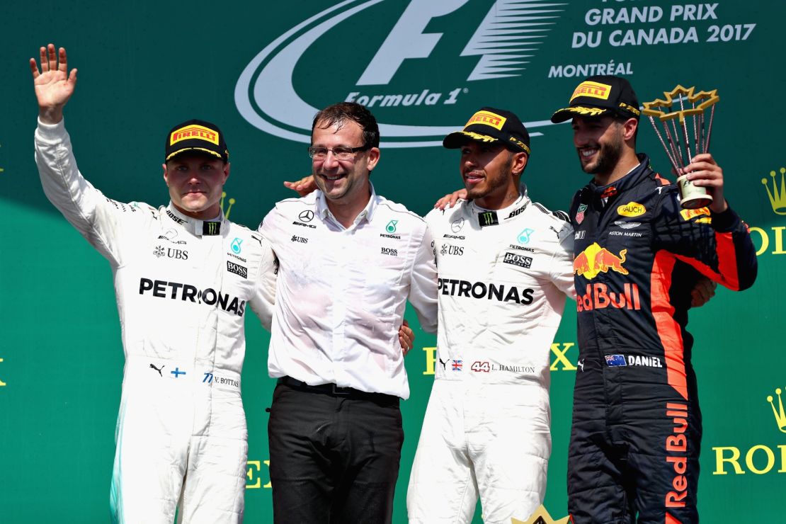 The top three drivers celebrate on the podium at Sunday's Canadian Grand Prix. 