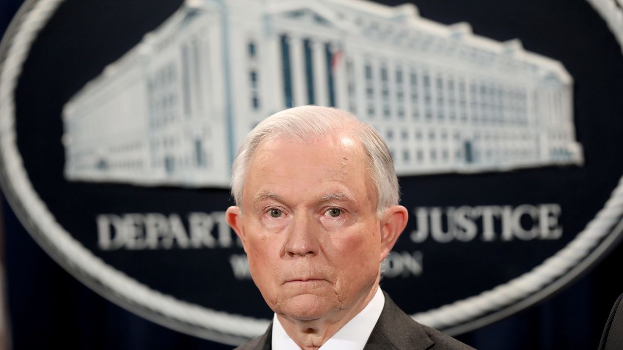 US Attorney General Jeff Sessions speaks during an event at the Justice Department May 12 in Washington, DC. Sessions was presented with an award "honoring his support of law enforcement" by the Sergeants Benevolent Association of New York City during the event.