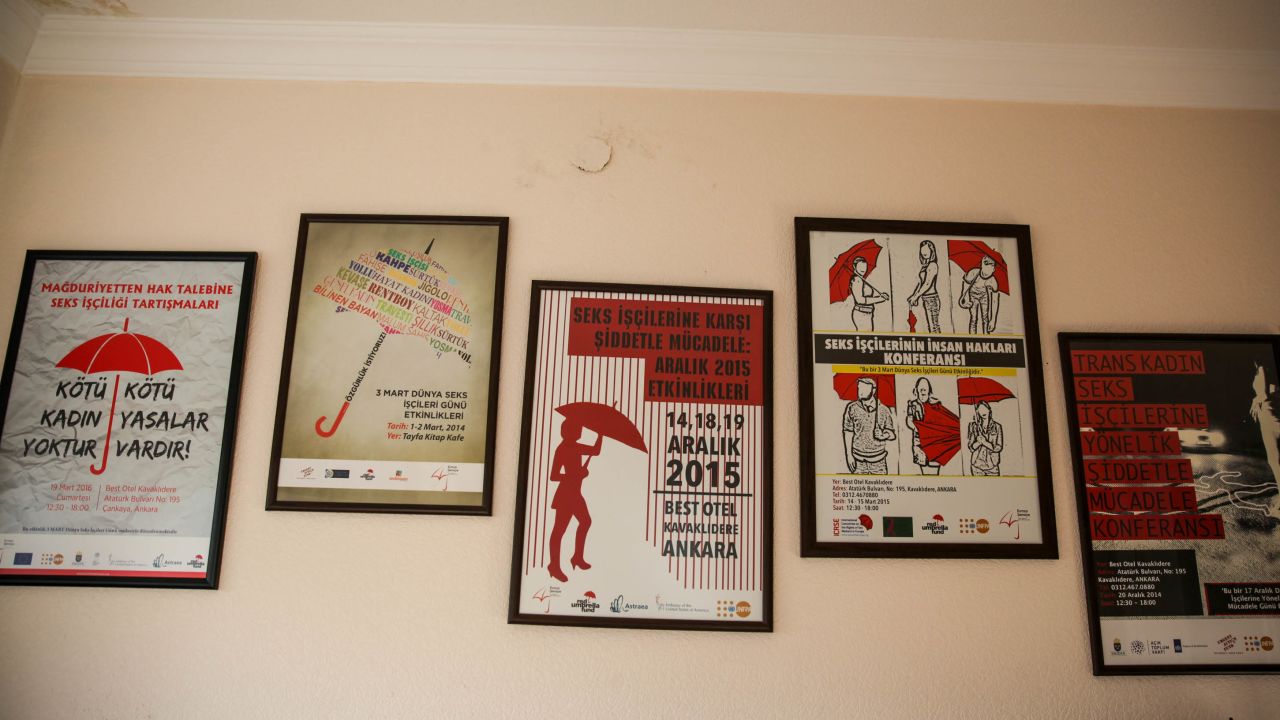Posters in support of transgender sex workers' rights cover the walls of the Red Umbrella Sexual health and Human Rights Association in Ankara.
