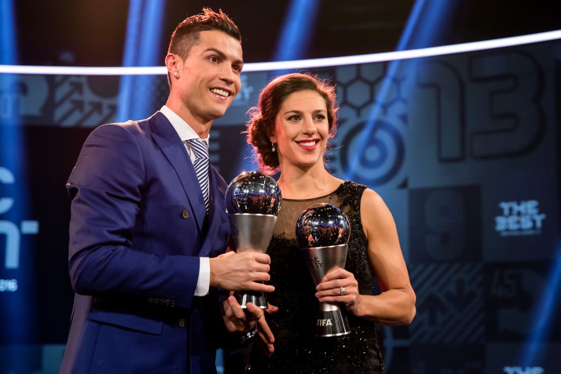 Lloyd, named FIFA Best Women's Player this year, poses alongside Cristiano Ronaldo in Zurich.
