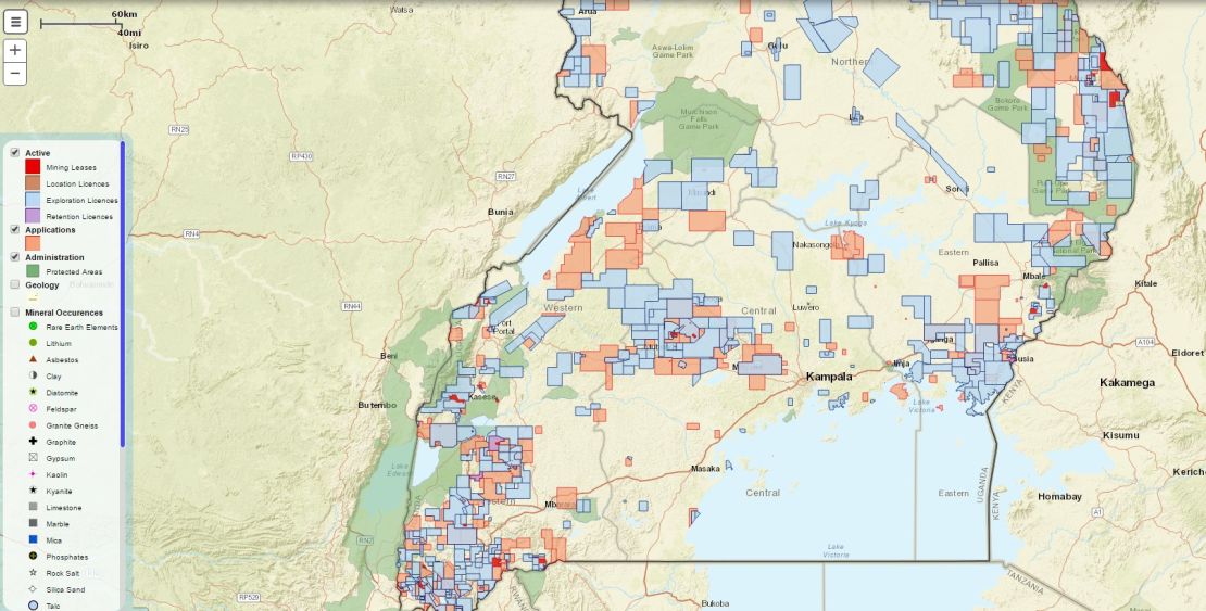 Uganda's mining cadaster shows licenses granted in protected sites.