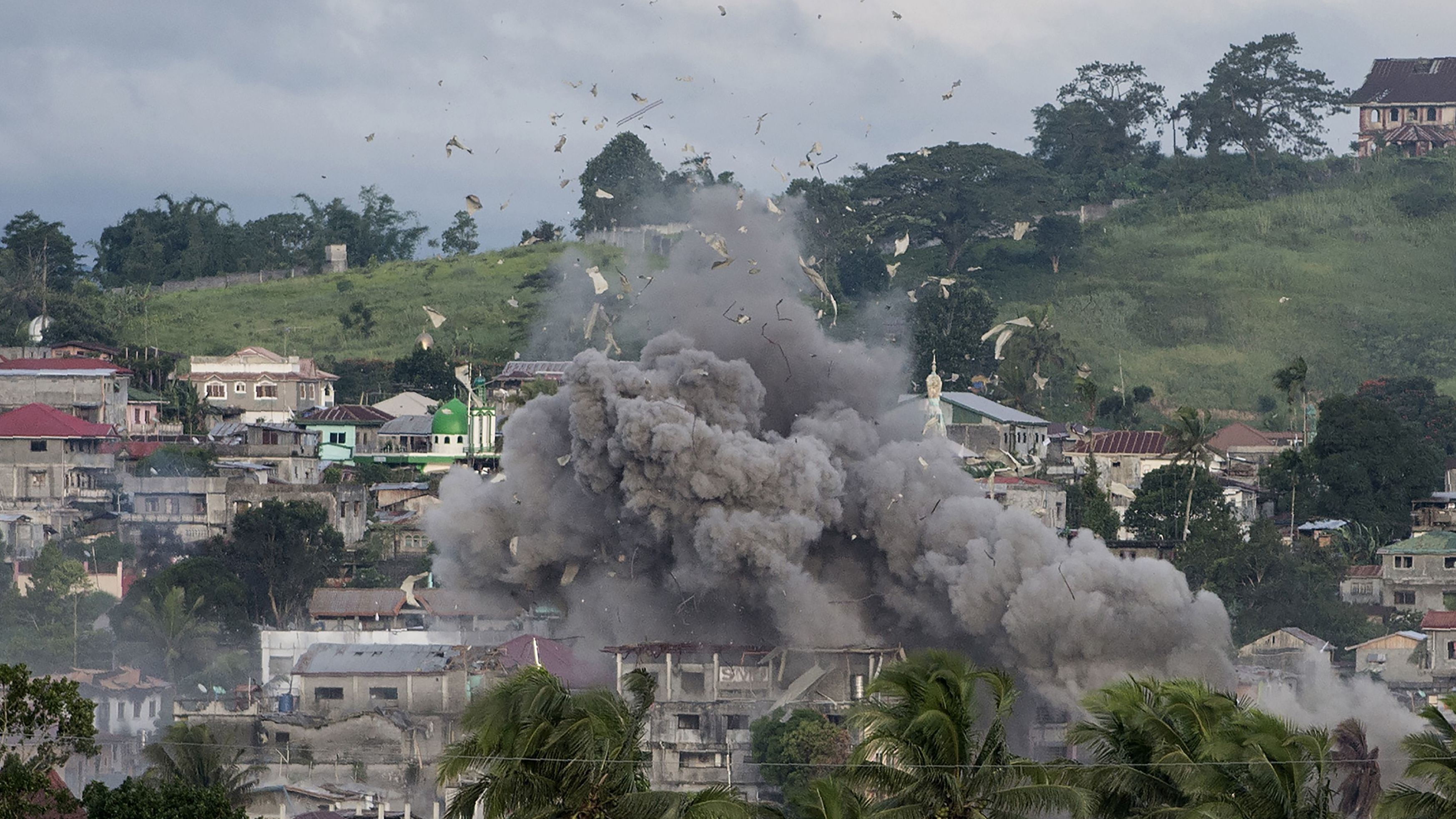 A bomb explodes after being dropped on an Islamist militants' hideout in Marawi, on the southern Philippine island of Mindanao on June 9, 2017.