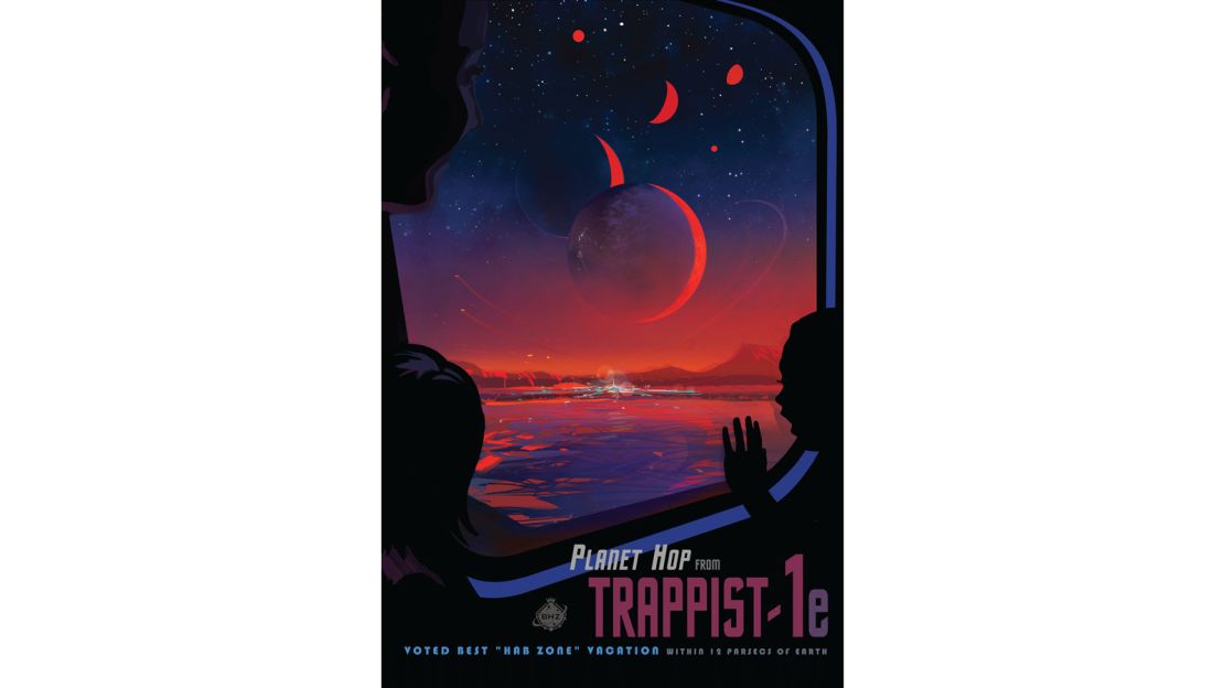 This NASA poster shows what it might look like to stand on the surface of TRAPPIST-1e and glimpse its neighboring planets in the sky. 