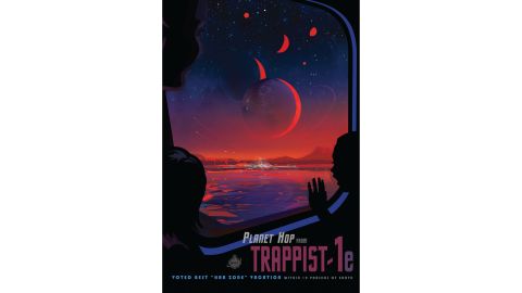 This NASA poster shows what it might look like to stand on the surface of TRAPPIST-1e and glimpse its neighboring planets in the sky. 