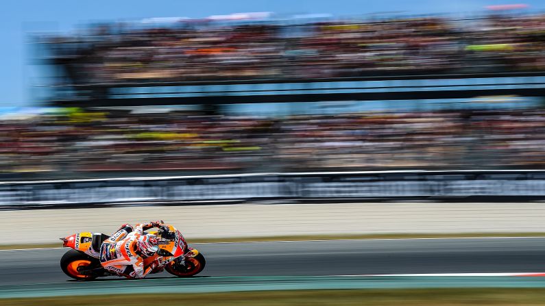Marc Marquez negotiates a curve during the MotoGP race in Montmelo, Spain, on Sunday, June 11. He finished in second.