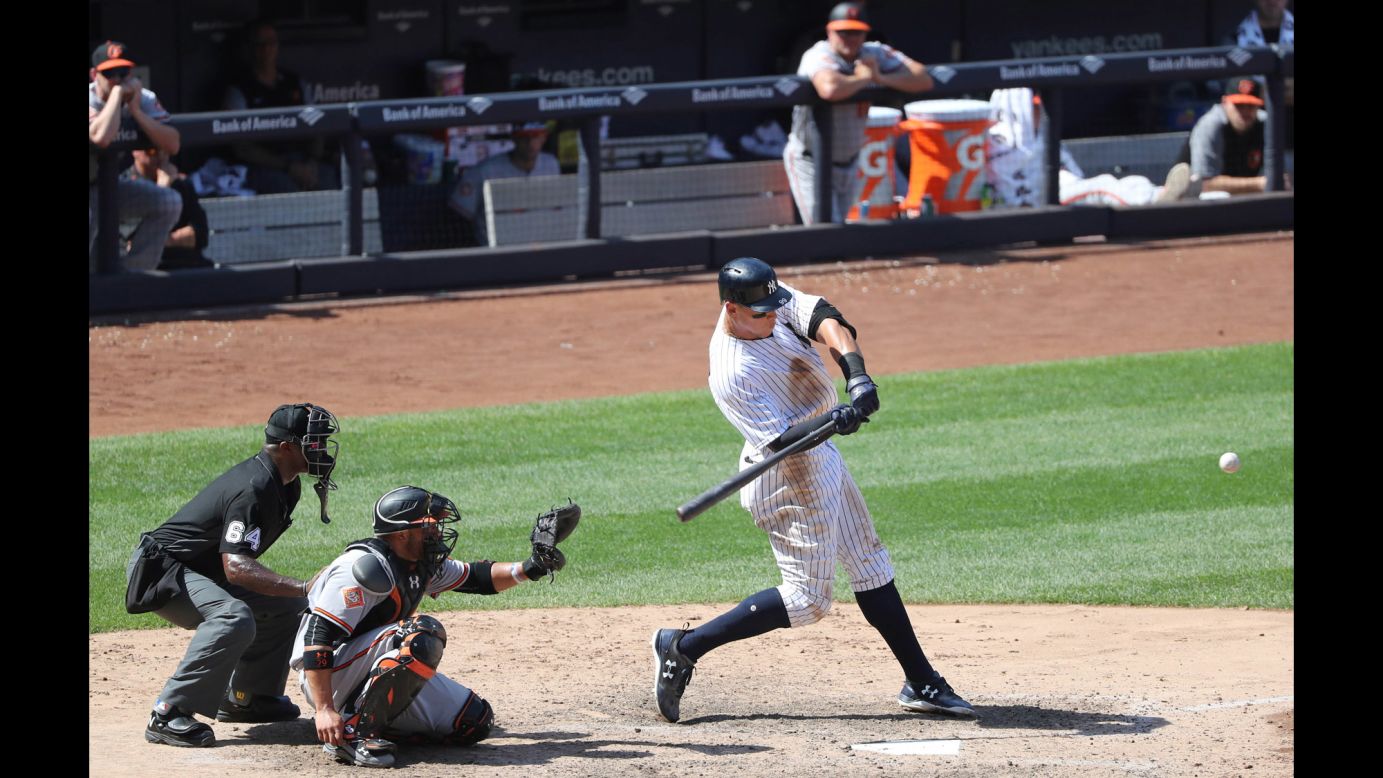 New York Yankees phenom Aaron Judge smashes his 20th home run of the season during a home game against Baltimore on Sunday, June 11. It went 495 feet -- the longest home run in the majors this year.
