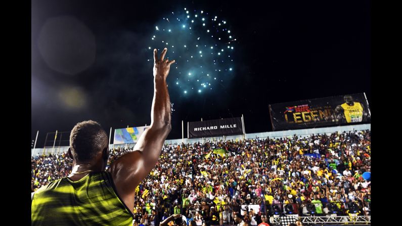 Usain Bolt, the world's fastest man, salutes the crowd Saturday, June 10, after running his final race in his home country of Jamaica. Bolt is retiring in August after the World Championships.