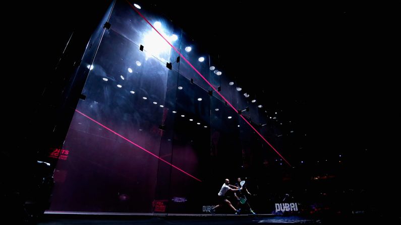 Professional squash players Marwan El Shorbagy and Karim Abdel Gawad compete at the Dubai World Series Finals on Thursday, June 8. Gawad won the match to advance to the tournament semifinals.