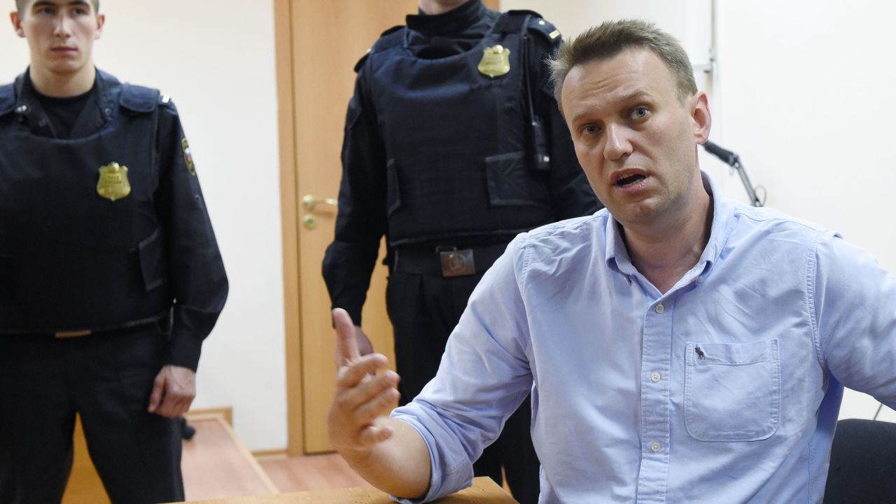Alexey Navalny speaks after his Monday hearing.