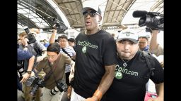 Former National Basketball Association star Dennis Rodman (C) arrives at Beijing Capital International Airport on June 13, 2017. It has been reported that Rodman will visit North Korea at a time of heightened tensions between Washington and Pyongyang. (Kyodo)==Kyodo