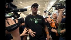 Former NBA basketball player Dennis Rodman arrives at Beijing Capital International Airport in Beijing, Tuesday, June 13, 2017. North Korea is expecting another visit by former NBA bad boy Rodman on Tuesday in what would be his first to the country since President Donald Trump took office.  (AP Photo/Mark Schiefelbein)