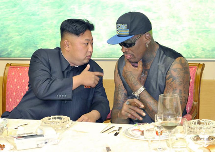 Kim talks with Rodman during a dinner in this undated photo published on the homepage of North Korea's Rodong Sinmun newspaper on September 7, 2013.