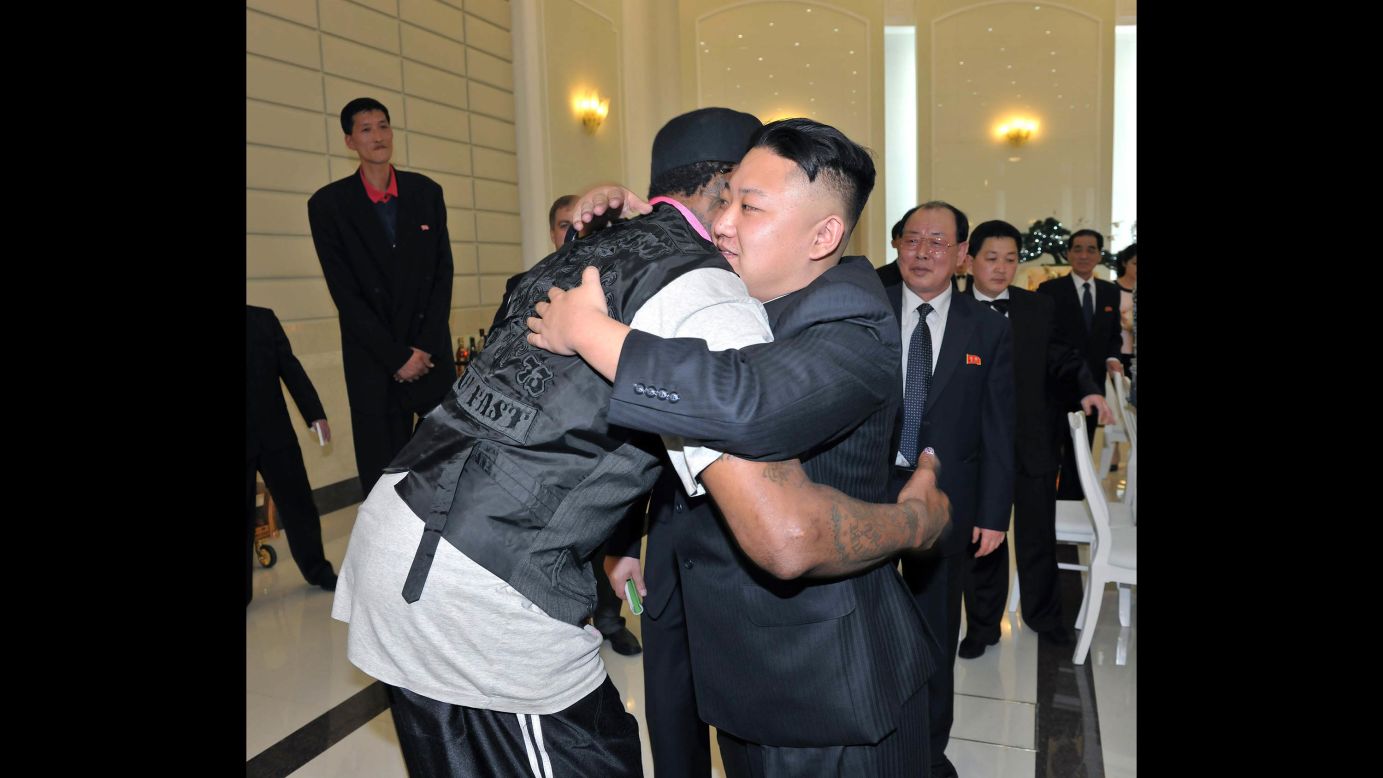 Rodman hugs Kim in this photo released by the Korean Central News Agency after a basketball game in Pyongyang in February 2013.