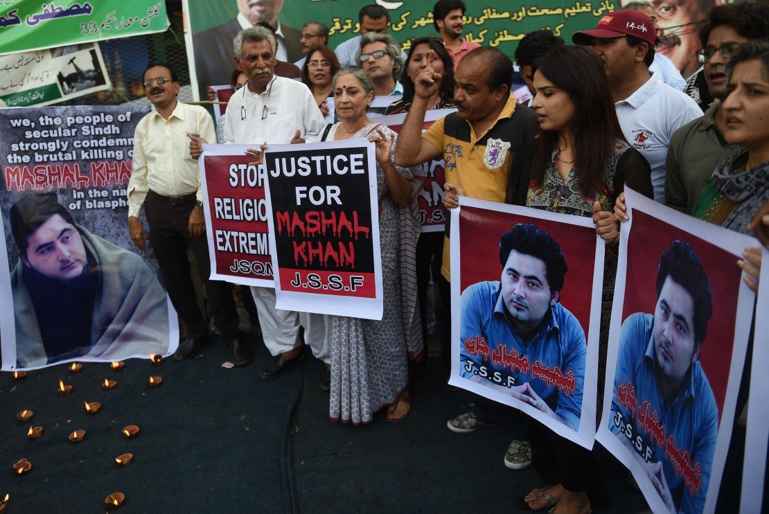Pakistani demonstrators take part in a protest the killing of journalism student Mashal Khan in Karachi on April 22.