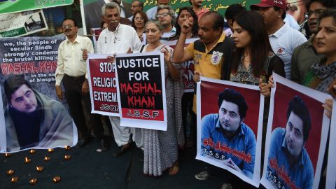 Pakistani demonstrators take part in a protest the killing of journalism student Mashal Khan in Karachi on April 22.