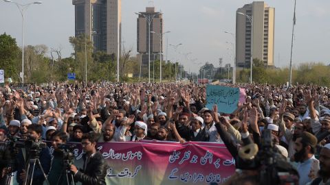 Pakistani religious students and activists gather for a protest against blasphemy on social media in Islamabad on March 8.