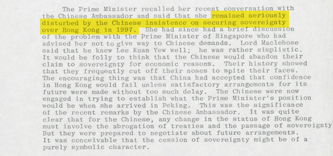 Before negotiations over Hong Kong began in earnest, Thatcher said she was "disturbed" by Chinese insistence on asserting sovereignty over the city. Original image altered for clarity. 