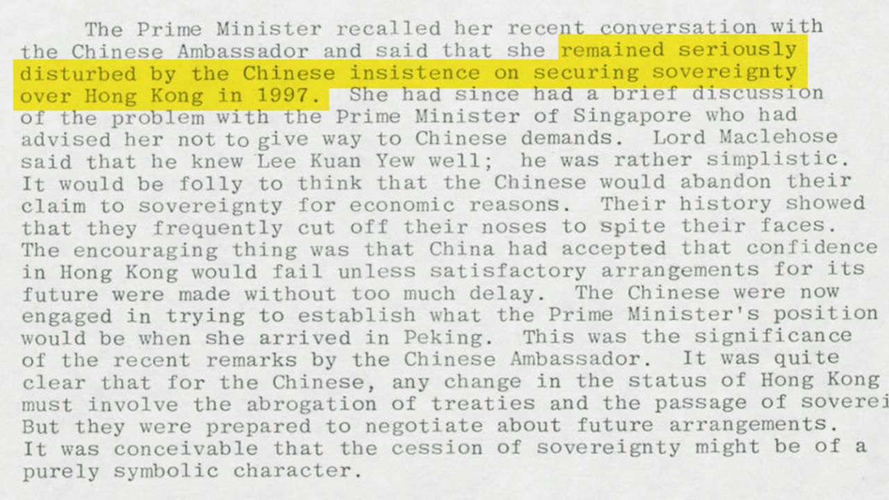 Before negotiations over Hong Kong began in earnest, Thatcher said she was "disturbed" by Chinese insistence on asserting sovereignty over the city. Original image altered for clarity. 