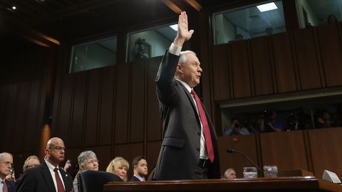 WASHINGTON, DC - JUNE 13: U.S. Attorney General Jeff Sessions is sworn-in before testifying before the Senate Intelligence Committee about Russian interference in the 2016 presidential election in the Hart Senate Office Building on Capitol Hill June 13, 2017 in Washington, DC. Sessions recused himself from the Russia investigation because of his work for the Trump campaign and was later discovered to have had contact with the Russian ambassador last year despite testifying to the contrary during his confirmation hearing. (Photo by Chip Somodevilla/Getty Images)