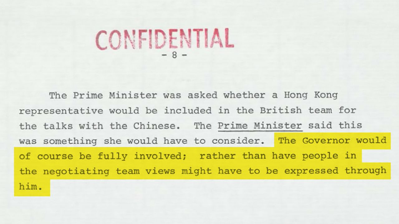 In talks over Hong Kong's future, Thatcher suggested the city would be represented by its Governor, an unelected colonial official. Original image altered for clarity. 
