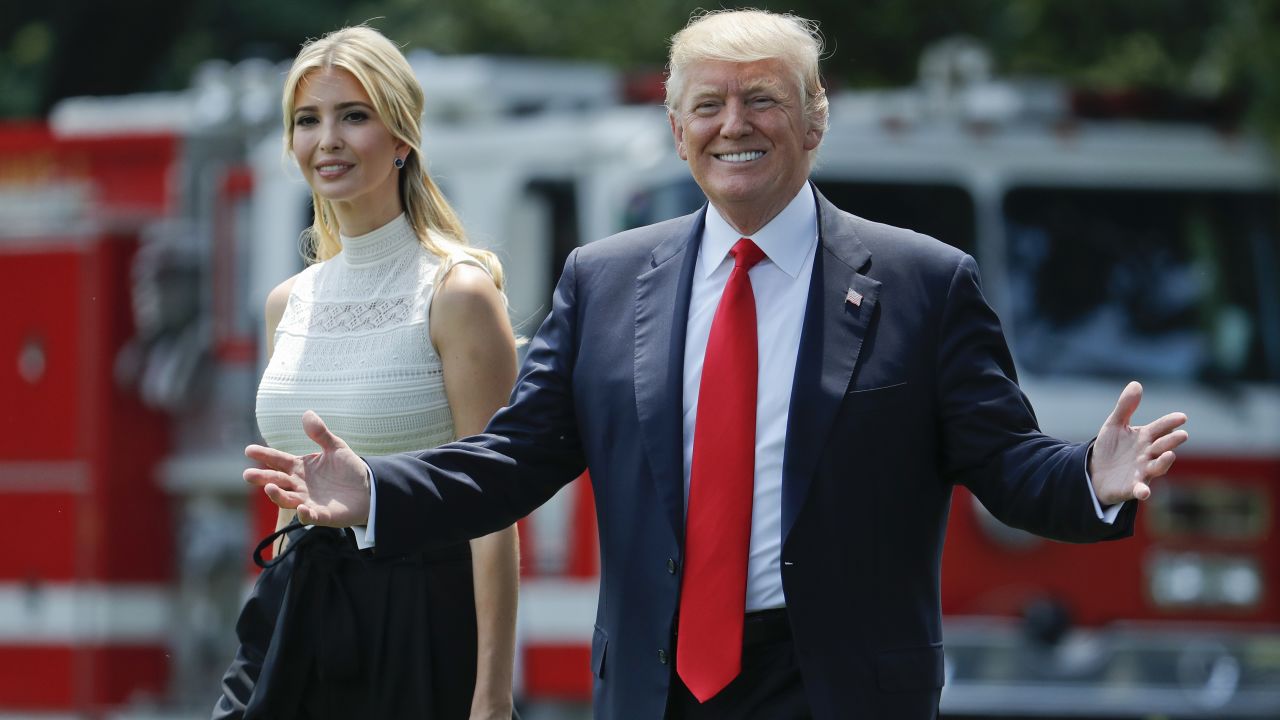 President Donald Trump gestures as he walks with his daughter Ivanka Trump across the South Lawn of the White House in Washington, Tuesday, June 13, 2017, before boarding Marine One helicopter for a quick trip to nearby Andrews Air Force Base. They are traveling to Milwaukee, Wis., to meet with people dealing with health care.