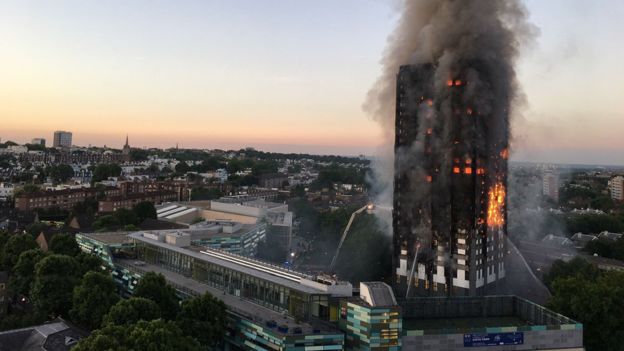 The Grenfell Tower fire at dawn on Wednesday.