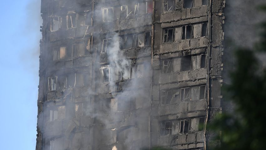 LONDON, ENGLAND - JUNE 14:  Smoke rises from the building after a huge fire engulfed the 24 story Grenfell Tower in Latimer Road, West London in the early hours of this morning on June 14, 2017 in London, England.  The Mayor of London, Sadiq Khan, has declared the fire a major incident as more than 200 firefighters are still tackling the blaze while at least 30 people are receiving hospital treatment.  (Photo by Leon Neal/Getty Images)