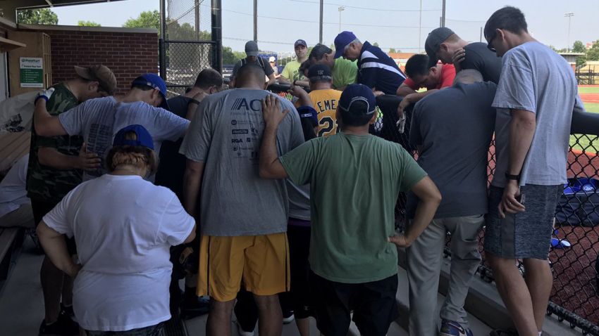 Rep. Kihuen tweeted this photo out with the following caption.
.@HouseDemocrats praying for our @HouseGOP @SenateGOP baseball colleagues after hearing about the horrific shooting.