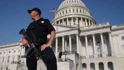 A U.S. Capitol Police officer stands guard in front of the U.S. Capitol Building, on June 14, in Washington, DC. Security is heightened on Capitol Hill because on this morning House Majority Whip Steve Scalise and others were shot by a gunman during Congressional baseball practice in Alexandria, Virginia. 