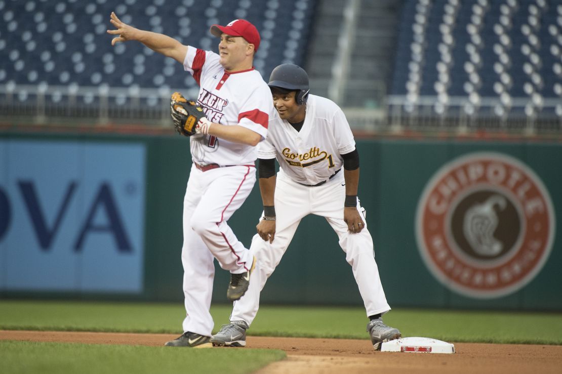 Reps. Cedric Richmond, the Louisiana Democrat, and Steve Scalise, the Louisiana Republican, play during the Republicans' 8-7 victory in 2016.