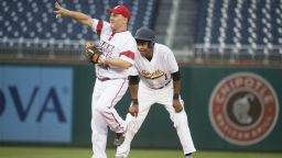 Reps. Cedric Richmond, D-La., right, and Steve Scalise, R-La., play during the Republicans' 8-7 victory in the 55th Congressional Baseball Game at Nationals Park, June 23, 2016.