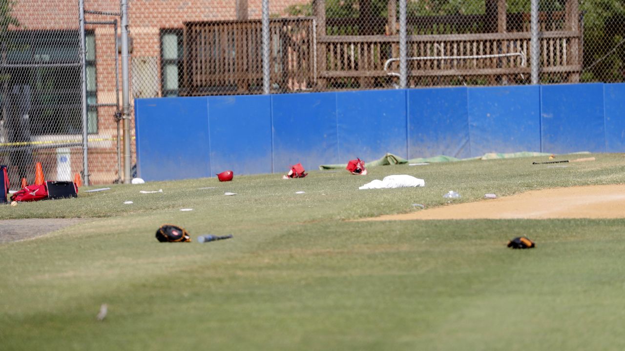 Baseball equipment is seen scattered on the field. Members of Congress were practicing for a game that is scheduled for Thursday night at Nationals Park. The annual congressional baseball game has been played since 1909.