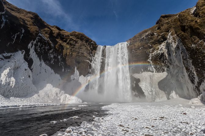 <strong>Skógafoss</strong> -- This is an epic waterfall on the Skóga River in the south of Iceland, dropping 60 meters off cliffs which once formed part of the coastline. It's common to see single or even double rainbows over the falls.  