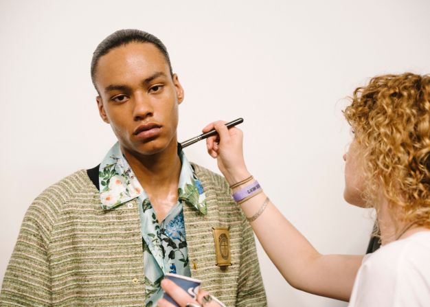 Model Joseph Griffiths, 17, backstage at Astrid Andersen..