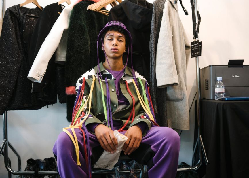 Hugo Kpodzro, 17, backstage at Bobby Abley at Spring-Summer 2018. 